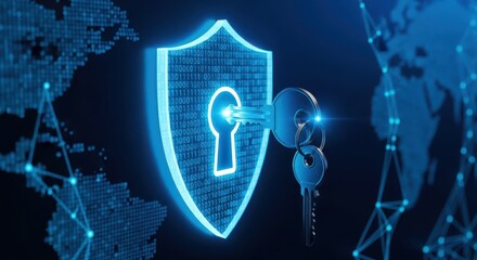 Digital Cybersecurity and Global Data Protection Concept with Neon Shield and Key