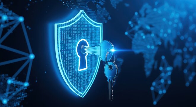 Digital Cybersecurity and Global Data Protection Concept with Neon Shield and Key