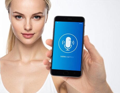 Eine Frau h&auml;lt ein Smartphone, auf dessen Bildschirm das Symbol eines Sprachassistenten angezeigt wird