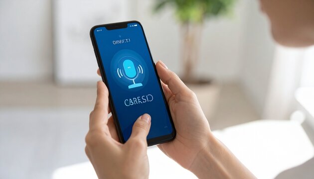 Eine Frau h&auml;lt ein Smartphone, auf dessen Bildschirm das Symbol eines Sprachassistenten angezeigt wird