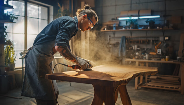 Skilled carpenter using power sander on live edge wood slab in bright studio workspace - Powered by Adobe