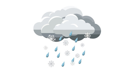 Stylized weather pattern illustration showcasing falling raindrops and snowflakes  under a cloudy