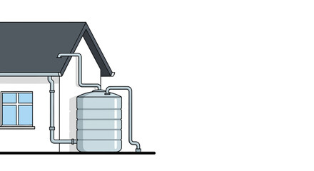 Sustainable water management illustration with rainwater harvesting system diagram and residential