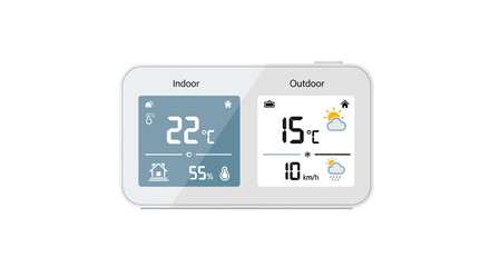 Illustrative digital weather station display showing indoor and outdoor conditions information for