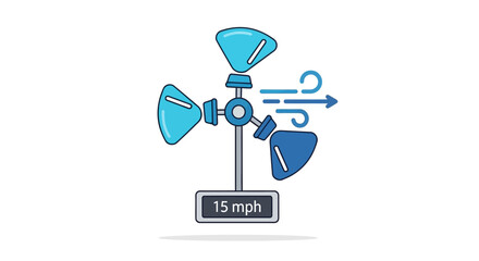 Illustration of a wind speed meter showing 15 mph on a white background for forecasting