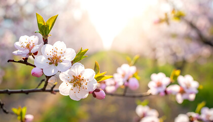 Obraz premium Spring blossoms on tree branches, sharp focus on flowers, blurred background, natural light