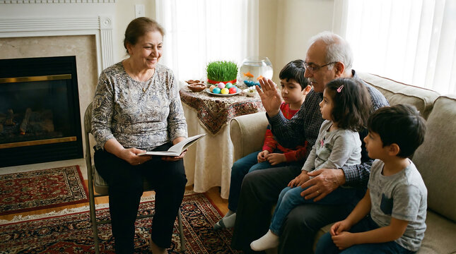 Grandparents telling Nowruz stories to children in a cozy setting, gentle expressions