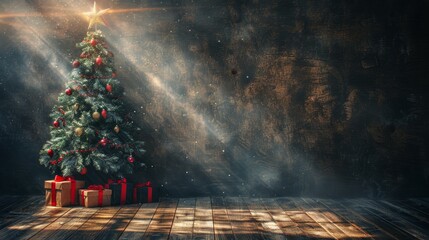 Cinematic winter scene  decorated christmas tree with ornaments and gift boxes against dark wall