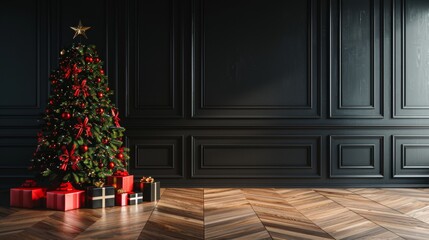 Cinematic winter scene  decorated christmas tree with warm glow and gift boxes on light wooden floor