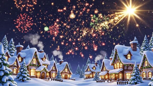 Festive night sky display over winter village scenery
