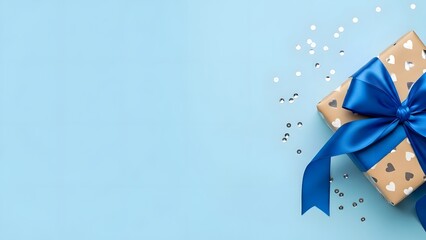 A festive brown gift box with a blue ribbon and bow tied around it, set against a soft blue background with scattered confetti
