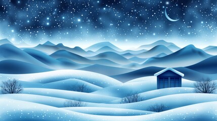 Cinematic winter scene with snowy valley, moonlit hills, stars, and dramatic mountain silhouettes