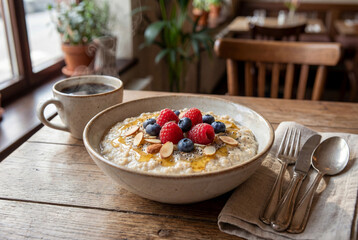 Oatmeal with raspberries, blueberries, nuts and cinnamon
