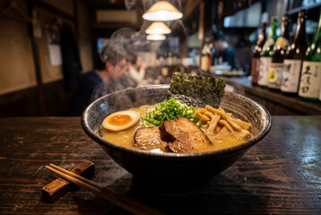 A hot bowl of ramen with egg, meat, herbs and broth