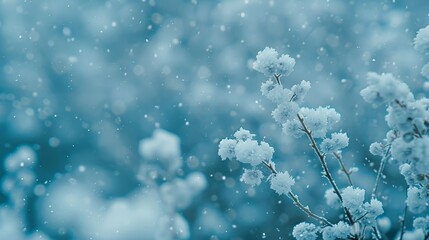Cinematic winter scene  frosty branches frame a soft blue sky with snowy bokeh and copy space
