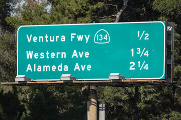 Ventura Fwy 134, Western Ave and Alameda Ave freeway exit sign near Griffith Park in the Glendale, Burbank and San Fernando Valley area of Los Angeles, California.  