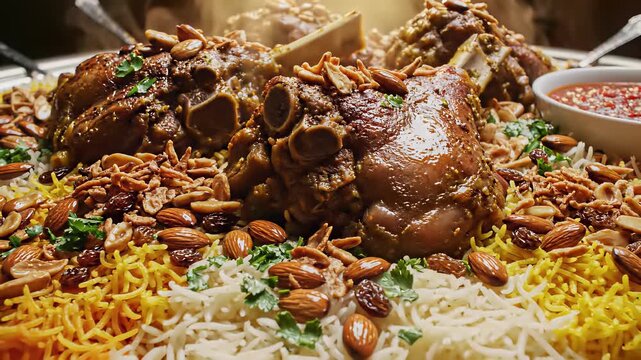 Meat and rice servings on a plate, representing everyday sustenance, capture the humble abundance and comfort of mandi style cuisine, perfect for cooking show backgrounds or restaurant.