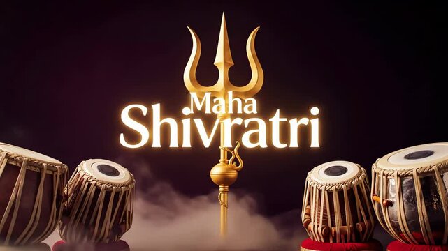 Lord shiva golden trishula centerpiece surrounded by tablas celebrating maha shivratri with dramatic mystical lighting