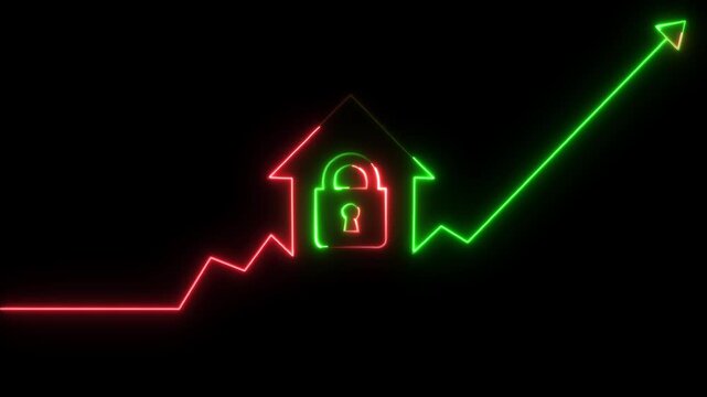 Neon House Security Protection Icon Animation Showing Safety, Lock Shield, Modern Home Defense, Glowing Outline Design for Real Estate Concepts