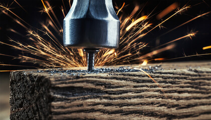 Power drill creating sparks while boring hole into aged wooden plank surface