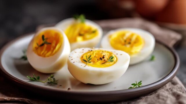 Plate of deviled eggs with bright yolk filling, herb garnish, and soft, inviting lighting, appealing