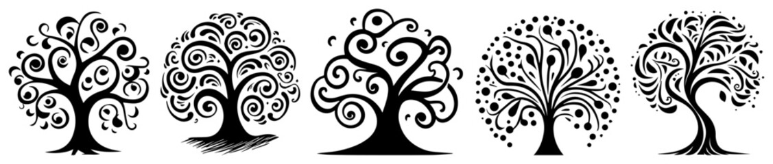 Set of decorative stylized tree silhouettes with swirling branches vector illustration