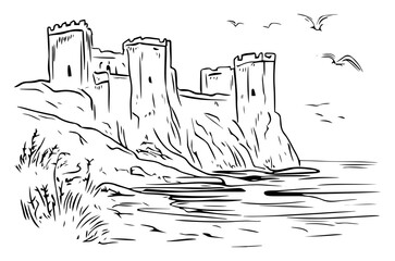 Medieval castle fortress standing on coastal cliff vector landscape sketch