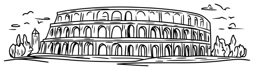 Panoramic Colosseum Rome historical landmark hand drawn vector sketch