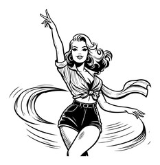 Happy retro pin-up girl dancing with dynamic motion lines vector illustration