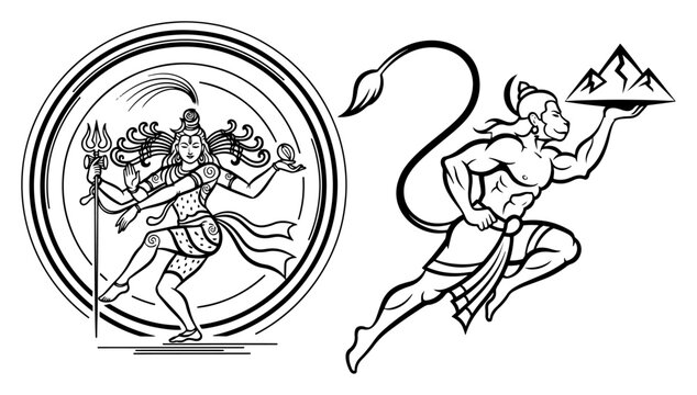 Lord Shiva Nataraja and flying Hanuman Hindu gods vector illustration