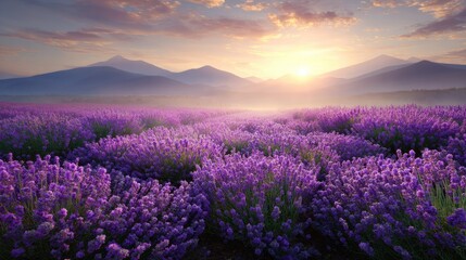 Obraz premium Lavender field under sunset with mountains in background