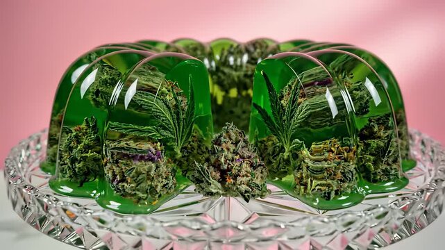 Glass Cake with Edible Arrangement and Miniature Plants Sizzling in a Pan, Capturing the Concept of Artistic Culinary Presentation and Perfect for Bakery or Cafe Marketing Campaigns.