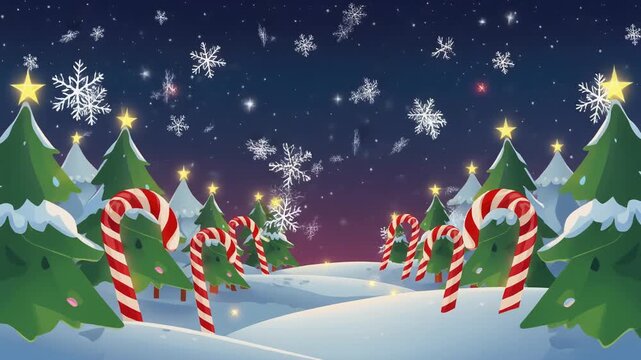 Cartoon candy cane forest with peppermint trees and glowing snowflakes