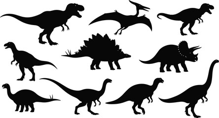 Set of dinosaur silhouettes vector illustration, black prehistoric animal shapes collection including t-rex, triceratops and stegosaurus, isolated on white background for design.