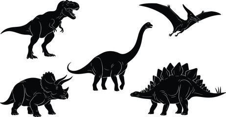 Set of dinosaur silhouettes including T-Rex, Triceratops, Stegosaurus, Brachiosaurus, and Pterodactyl, black vector illustration isolated on white background for design, prehistoric animal collection.