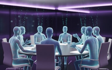 A group of glowing ethereal figures sit around a conference table in a modern meeting room engaged in a discussion or brainstorming session