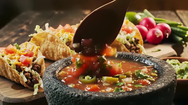 Succulent tacos, savory taco soup, and spicy salsa sizzling in a pan, capturing the hearty concept of international cuisine blending harmoniously with everyday comfort food.