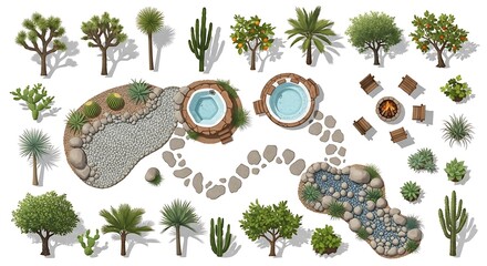 Top down view of landscape design elements and plants