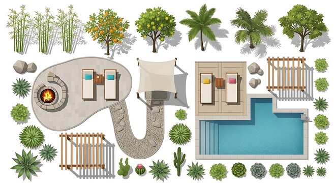 Top down view of a modern backyard landscape design with pool and fire pit