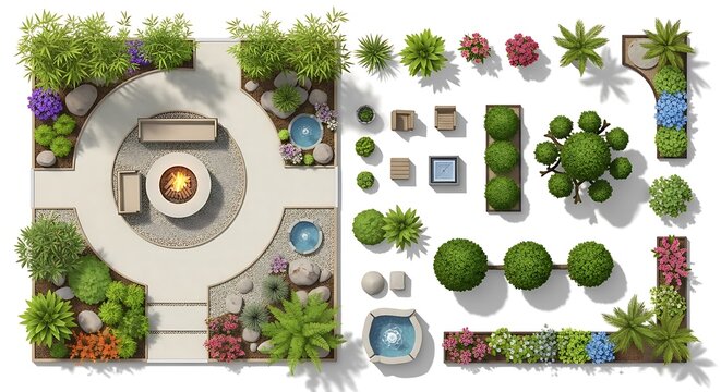 Modern outdoor living space design with fire pit and modular planting elements