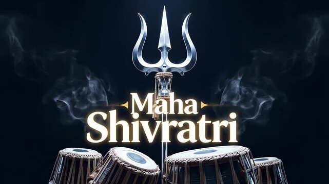 Maha shivratri dramatic graphic render featuring shiva trident and tabla drums on dark devotional background