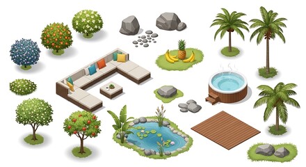 Isometric 3d elements for landscape design and outdoor living spaces