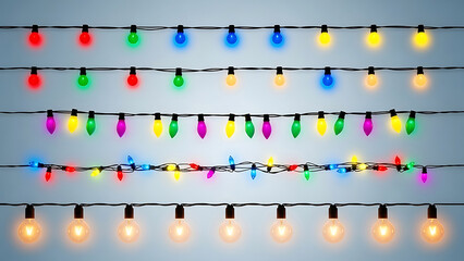 Colorful string lights on black wires against blue background