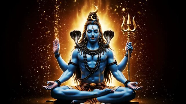 Lord shiva meditating with trishula on shivratri glowing in golden fiery light against dark cosmic background