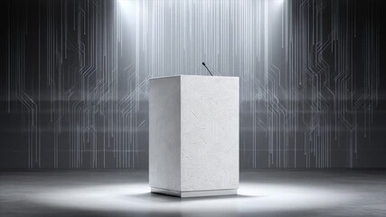 Empty white podium presentation stage illuminated on abstract background