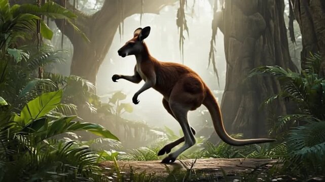 Kangaroo hopping through a lush jungle environment with dense foliage and bright sunlight shining kangaroo video