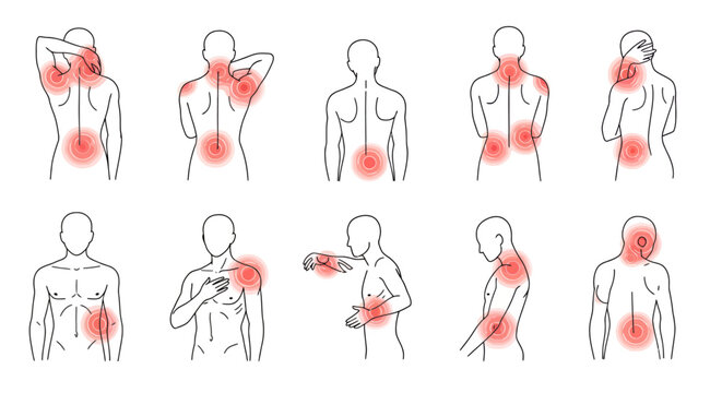 A comprehensive vector illustration set depicting various human body pains and joint inflammation, ideal for medical or health-related educational content.