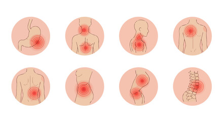 A comprehensive vector illustration set depicting various human body pain points, including joints, bones, and internal organs, ideal for medical and health-related infographics.