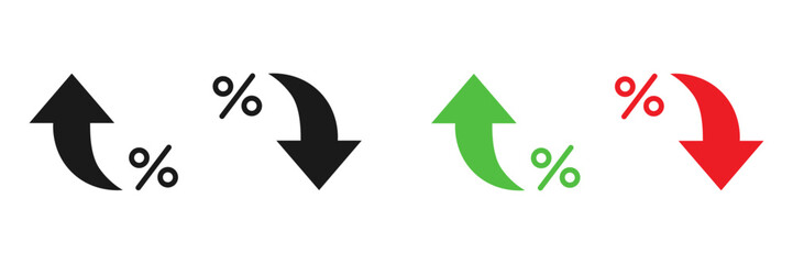 Set of minimalist percentage change icons with transparent background, depicting up and down arrows for financial data, business growth, and market trends, vector illustration
