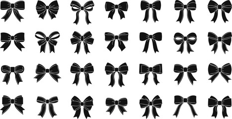 Bow silhouette vector icons set, ribbon decoration illustration for fashion, gift wrapping, celebration, festive design, craft, and graphic use